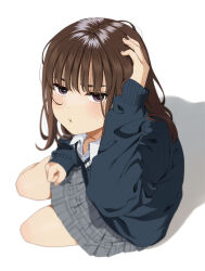 Rule 34 | 1girl, arm up, black sweater, blush, brown hair, collared shirt, dress shirt, full body, grey skirt, hand on headwear, long sleeves, looking at viewer, mattaku mousuke, original, parted lips, plaid, plaid skirt, pleated skirt, pout, puffy long sleeves, puffy sleeves, purple eyes, shadow, shirt, simple background, skirt, sleeves past wrists, solo, sweater, white background, white shirt