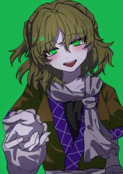 Rule 34 | 1girl, :d, blonde hair, commentary request, green background, green eyes, half updo, highres, looking at viewer, mizuhashi parsee, open mouth, oyatu yatu, scarf, short hair, short sleeves, simple background, smile, solo, touhou, upper body, white scarf