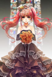 Rule 34 | 1girl, bad id, bad pixiv id, black dress, black gloves, bleach, bouquet, bow, collarbone, dokugamine riruka, dress, earrings, elbow gloves, floating hair, flower, gloves, hair bow, holding, holding bouquet, indoors, jewelry, layered dress, long dress, long hair, looking at viewer, necklace, orange flower, pink eyes, pink hair, sleeveless, sleeveless dress, solo, standing, strapless, strapless dress, striped, striped bow, twintails, umi (pixiv6861961), very long hair, yellow bow