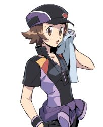 Rule 34 | 1boy, :o, black hat, brown eyes, brown hair, commentary request, creatures (company), game freak, hand up, hat, high collar, hilbert (pokemon), hilbert (sygna suit) (pokemon), holding, holding towel, jumpsuit pull, male focus, momoji (lobolobo2010), nintendo, official alternate costume, open mouth, pokemon, pokemon masters ex, shirt, short hair, short sleeves, simple background, solo, sweatdrop, tongue, towel, white background, wristband, zipper pull tab
