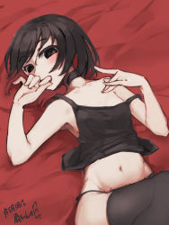 Rule 34 | 1girl, armpits, bed sheet, bikini, black eyes, black hair, black thighhighs, blush, bob cut, breasts, collarbone, colored inner hair, commentary, dated, empty eyes, groin, hand on own chest, hand on own head, hand to own mouth, highres, knee up, looking at viewer, lying, midriff, monogatari (series), multicolored hair, navel, no bra, no gloves, no pants, on back, on bed, oshino ougi, panties, raised eyebrows, red hair, short hair, side-tie bikini bottom, small breasts, solo, strap slip, swimsuit, tank top, thighhighs, thomas (aoakumasan), translated, underwear