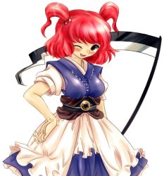 Rule 34 | 1girl, blue skirt, blush, coin, e-rine-rin, female focus, hair bobbles, hair ornament, looking at viewer, one eye closed, onozuka komachi, open mouth, puffy short sleeves, puffy sleeves, red hair, sash, scythe, short sleeves, simple background, skirt, smile, solo, standing, touhou, twintails, two side up, vest, white background, wink