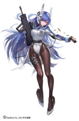 Rule 34 | 1girl, ammunition, assault rifle, belt, black pantyhose, blue hair, bullpup, closed mouth, eyebrows, full body, girls&#039; frontline, gluteal fold, gun, hair between eyes, head tilt, headgear, highleg, highleg leotard, holding, holding gun, holding weapon, iwi tavor, impossible clothes, impossible leotard, iwi tavor, iwi tavor tar-21, kishiyo, leotard, leotard under clothes, logo, long hair, looking at viewer, magazine (weapon), magazine ejection, necktie, official art, orange eyes, pantyhose, rifle, smile, solo, standing, standing on one leg, strap, tar-21 (girls&#039; frontline), tavor tar-21, transparent background, trigger discipline, very long hair, weapon, white background, white leotard