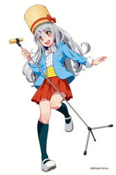 Rule 34 | 1girl, black socks, bow, bowtie, full body, hat, highres, jacket, kappy18, kneehighs, long hair, looking at viewer, mascot, microphone stand, official art, open mouth, pleated skirt, polka dot, polka dot bow, polka dot neckwear, silver hair, skirt, smile, socks, solo, standing, standing on one leg, umami-chan, watermark, yaokin