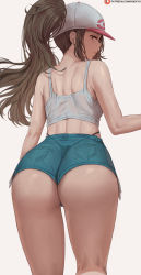 Rule 34 | 1girl, ass, blouse, brown eyes, brown hair, commentary, creatures (company), from behind, game freak, highres, hilda (pokemon), long hair, looking at viewer, looking back, nintendo, pokemon, pokemon bw, see-through, shexyo, shirt, short shorts, shorts, solo, thighs, thong, white shirt