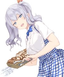 Rule 34 | 10s, 1girl, alternate costume, artist name, blue eyes, bread, breasts, collared shirt, food, hair between eyes, kantai collection, kashima (kancolle), kobeya uniform, large breasts, leaning forward, open mouth, rokuwata tomoe, shirt, signature, silver hair, simple background, solo, tongs, tsurime, twintails, twitter username, upper body, wavy hair, white shirt