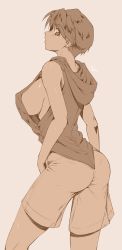 Rule 34 | 1girl, bare shoulders, breasts, closed mouth, commentary request, dark-skinned female, dark skin, earrings, highres, hood, hood down, jewelry, large breasts, looking at viewer, looking back, medium breasts, no bra, sakura na omiki, sepia, sepia background, shiny skin, short hair, shorts, sideboob, simple background, sleeveless, solo, super real mahjong, toono mizuki