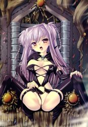 Rule 34 | 1girl, blush, boots, brandish (h manga), breasts, covered erect nipples, fingernails, hair intakes, highres, large breasts, light purple hair, looking at viewer, multicolored eyes, nail polish, o-ring, open mouth, purple eyes, pussy, pussy peek, revealing clothes, rusty soul, sharp fingernails, skull, solo, spread legs, thigh boots, thighhighs, throne, tongue, tongue out, twiska, two side up, wedgie, yellow eyes