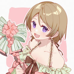 Rule 34 | 1girl, artist name, artist request, bare shoulders, blush, bow, bowtie, breasts, brown bow, brown hair, cleavage, detached sleeves, dress, female focus, floral print, flower, flower print, frilled dress, frilled sleeves, frills, hair between eyes, hair flower, hair ornament, holding, holding scepter, holding wand, japanese clothes, kimono, koizumi hanayo, lolita fashion, long hair, long sleeves, looking at viewer, love live!, love live! school idol festival, love live! school idol project, medium breasts, neck ribbon, parted lips, pink background, pink kimono, purple eyes, ribbon, ribbon-trimmed sleeves, ribbon trim, scepter, short hair, smile, solo, upper body, wa lolita, wand, white background, wide sleeves