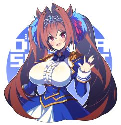 Rule 34 | 1girl, :d, animal ears, bad hands, blue bow, blue jacket, blush, border, bow, breasts, brown hair, center frills, character name, collared shirt, daiwa scarlet (umamusume), epaulettes, fangs, frills, hair between eyes, hair intakes, head tilt, highres, horse ears, horse girl, jacket, juliet sleeves, large breasts, long hair, long sleeves, looking at viewer, open clothes, open jacket, open mouth, puffy sleeves, purple eyes, rikumaru, round border, shirt, skirt, smile, solo, teeth, text background, tiara, twintails, umamusume, upper teeth only, very long hair, white shirt, white skirt