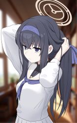 Rule 34 | 1girl, absurdres, adjusting hair, arms up, black hair, blue archive, blurry, blurry background, closed mouth, commentary request, crossed bangs, frown, hair ribbon, hairband, halo, highres, indoors, kotori (ba), long hair, long sleeves, looking ahead, neckerchief, purple eyes, purple hairband, purple neckerchief, purple ribbon, ribbon, sailor collar, school uniform, shirt, skirt, solo, solo focus, turtleneck, ui (blue archive), upper body, white sailor collar, white shirt, white skirt, yellow halo