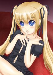 Rule 34 | 10s, 1girl, blonde hair, blue eyes, dress, female focus, finger to mouth, gradient background, hair ribbon, kishimen, misawa maho, navel, open mouth, ribbon, rou-kyuu-bu!, solo, twintails