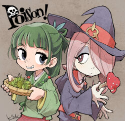 Rule 34 | 2girls, basket, beads, belt, black ribbon, chinese clothes, crossover, english text, eyeshadow, freckles, green hair, grey background, grin, hair beads, hair ornament, hair over one eye, hair rings, hanfu, hat, hat ornament, herb, holding, holding basket, holding mushroom, hood, hood down, hooded robe, kiichi, kusuriya no hitorigoto, layered shirt, layered sleeves, little witch academia, long hair, long sleeves, looking at viewer, luna nova school uniform, makeup, maomao (kusuriya no hitorigoto), multi-tied hair, multiple girls, mushroom, neck ribbon, one eye covered, pink hair, poison mushroom, purple headwear, purple robe, red eyes, ribbon, robe, school uniform, short hair with long locks, sideways glance, signature, simple background, smile, sucy manbavaran, trait connection, twintails, upper body, wide sleeves, witch hat