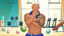 Rule 34 | 1boy, abs, arm tattoo, bara, dark-skinned male, dark skin, dumbbell, eyebrow cut, facial hair, goatee, gym, hand on own chin, hand up, headphones, headphones around neck, highres, indie virtual youtuber, itto (mentaiko), jewelry, large pectorals, laurel crown, rai bolim, looking to the side, male focus, mature male, muscular, muscular male, navel, nipples, official art, pectorals, ring, scar, scar on face, scar on forehead, second-party source, short hair, sideburns, solo, stomach, stroking own chin, tattoo, thick eyebrows, topless male, virtual youtuber, white hair