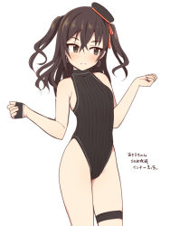 Rule 34 | 1girl, bad id, bad pixiv id, bare arms, bare shoulders, black hat, black leotard, blush, breasts, brown eyes, brown hair, earrings, hair between eyes, hat, idolmaster, idolmaster cinderella girls, jewelry, leotard, long hair, mole, mole under eye, ribbed leotard, simple background, small breasts, solo, sunazuka akira, thigh strap, translation request, twintails, uccow, white background