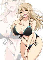 Rule 34 | 10s, 1girl, ;d, bare arms, bare shoulders, bikini, black bikini, black ribbon, blush, breasts, cleavage, collarbone, copyright request, cowboy shot, front-tie bikini top, front-tie top, girls und panzer, hand on own chest, hifumi hajime, highres, large breasts, leaning forward, long hair, matsukaze rin, navel, nose blush, one eye closed, open mouth, ribbon, shiny skin, side-tie bikini bottom, simple background, smile, solo, standing, stomach, swimsuit, thighs, very long hair, white background