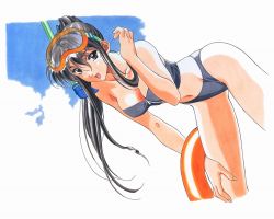 Rule 34 | 1990s (style), 1girl, :d, bare arms, bare legs, bare shoulders, bent over, bikini, black hair, blush, breasts, brown eyes, cleavage, cloud, collarbone, diving mask, dutch angle, female focus, goggles, grey bikini, hair between eyes, hand on own leg, hand up, happy, innertube, kai tomohisa, legs, long hair, looking at viewer, matsuoka chie, medium breasts, navel, non-web source, open mouth, ponytail, retro artstyle, sentimental graffiti, sky, smile, snorkel, solo, stamp, strapless, strapless bikini, swim ring, swimsuit, tomohisa kai