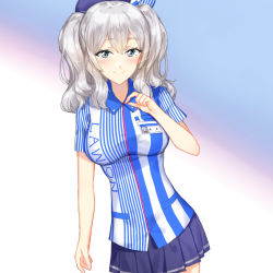 Rule 34 | 1girl, alternate costume, beret, blouse, blue eyes, blush, breasts, cowboy shot, embarrassed, employee uniform, gradient background, hair between eyes, hat, highres, kantai collection, kashima (kancolle), large breasts, lawson, long hair, looking at viewer, marie mushroom, miniskirt, name tag, pleated skirt, shirt, signature, silver hair, simple background, skirt, solo, striped clothes, striped shirt, thighs, tsurime, twintails, uniform, wavy hair, zipper pull tab