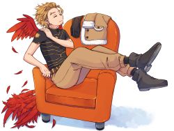 Rule 34 | 1boy, armchair, belt, black footwear, black gloves, black shirt, black socks, blonde hair, boku no hero academia, boots, brown jacket, brown pants, buttons, chair, clenched hand, closed eyes, closed mouth, commentary request, crossed ankles, earrings, facial hair, feathered wings, feathers, full body, fur-trimmed jacket, fur trim, gloves, hand on own shoulder, hawks (boku no hero academia), jacket, jewelry, male focus, miso (mimimiso), pants, pocket, red feathers, red wings, shadow, shedding, shedding feathers, shirt, shoe soles, short hair, short sleeves, shoulder massage, sitting sideways, socks, solo, stubble, too many, too many feathers, unworn gloves, unworn jacket, wings