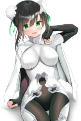 Rule 34 | 1girl, black gloves, black hair, blush, bodysuit, breasts, bun cover, cape, covered navel, double bun, elbow gloves, fate/grand order, fate (series), fingerless gloves, gloves, green eyes, green ribbon, hair bun, highres, large breasts, looking at viewer, open mouth, qin liangyu (fate), ribbon, sidelocks, simple background, sitting, smile, solo, thighs, tsukise miwa, white background, white bodysuit, white cape