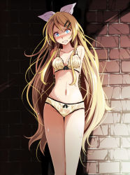 Rule 34 | 1girl, against wall, aged up, alternate hair length, alternate hairstyle, arms behind back, black bow, blonde hair, blush, bow, bow bra, bow panties, bra, breasts, cleavage, clenched teeth, collarbone, future style (module), groin, hair ornament, hairband, hairclip, highres, kagamine rin, long hair, looking at viewer, navel, panties, project diva (series), restrained, solo, standing, sweatdrop, swept bangs, teeth, thigh gap, tsukishiro saika, underwear, underwear only, very long hair, vocaloid, white hairband, yellow bra, yellow panties