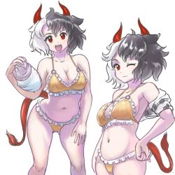 Rule 34 | 1girl, absurdres, adapted costume, animal ears, animal print, bare shoulders, belly, bikini, black hair, breasts, cleavage, collarbone, commentary, cow ears, cow print, cow tail, frilled bikini, frills, gluteal fold, hand on own hip, hand on own thigh, hand on thigh, haori, highres, holding, horns, japanese clothes, large breasts, leaning forward, looking at viewer, medium breasts, multicolored hair, multiple views, navel, o-ring, o-ring bikini, one eye closed, oni horns, open mouth, profitshame, red eyes, red horns, red tail, simple background, smile, split-color hair, swimsuit, tail, touhou, two-tone hair, ushizaki urumi, white background, white hair, yellow bikini
