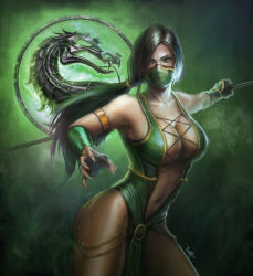 Rule 34 | 1girl, armlet, armpits, bare legs, bare shoulders, breasts, choker, cleavage, cross-laced clothes, dark-skinned female, dark skin, elbow gloves, female focus, francis tneh, gloves, green eyes, half mask, holding, holding weapon, jade (mortal kombat), large breasts, legs, long hair, looking at viewer, mask, mortal kombat (series), navel, neck, no bra, ponytail, realistic, reclining, revealing clothes, solo, staff, standing, toned, weapon