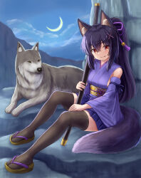 Rule 34 | 1girl, absurdres, animal, animal ear fluff, animal ears, bare shoulders, black hair, blue skirt, blue sky, brown eyes, brown footwear, brown thighhighs, closed mouth, cloud, commentary request, detached sleeves, fang, fang out, hair between eyes, highres, holding, holding sheath, iroha (iroha matsurika), japanese clothes, katana, kimono, kunoichi-chan (iroha (iroha matsurika)), long hair, long sleeves, new moon, ninja, original, outdoors, pleated skirt, ponytail, purple kimono, purple sleeves, sandals, sheath, sheathed, sidelocks, skirt, sky, sleeveless, sleeveless kimono, smile, solo, sword, tail, thighhighs, very long hair, weapon, wide sleeves, wolf, wolf ears, wolf girl, wolf tail, zouri