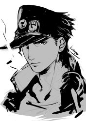 Rule 34 | 1boy, chain, closed mouth, coat, greyscale, hat, highres, jojo no kimyou na bouken, kotatsu (g-rough), kuujou joutarou, looking at viewer, male focus, monochrome, open clothes, open coat, peaked cap, signature, simple background, sketch, solo, stardust crusaders, upper body, white background