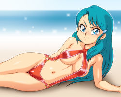 Rule 34 | 1990s (style), 1girl, beach, blue eyes, blue hair, breasts, cameltoe, casual one-piece swimsuit, cleft of venus, genji tsuushin agedama, genka ichien, halterneck, kuki rei, long hair, looking at viewer, lying, matching hair/eyes, navel, o-ring, o-ring swimsuit, on side, one-piece swimsuit, retro artstyle, sand, see-through, smile, smug, solo, swimsuit, water