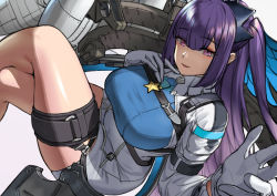 Rule 34 | 1girl, absurdres, ash arms, breasts, commentary request, crossed legs, gloves, hair between eyes, hair ornament, highres, hsh thx, large breasts, long hair, looking at viewer, parted lips, purple eyes, purple hair, rigging, shirt, sidelocks, skirt, star (symbol), thigh strap, thighs, white gloves, white shirt, white skirt