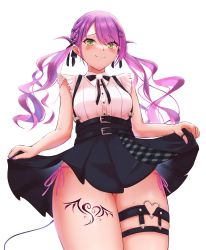 Rule 34 | 1girl, black skirt, blouse, blush, boku no edamame, braid, breasts, closed mouth, clothes lift, colored inner hair, demon girl, demon tail, dutch angle, french braid, from below, green eyes, hair ornament, hairclip, highres, hololive, leg tattoo, lifting own clothes, long hair, looking at viewer, medium breasts, miniskirt, multicolored hair, o-ring, o-ring thigh strap, panties, pink hair, pink panties, pointy ears, pom pom (clothes), purple hair, shirt, side-tie panties, simple background, skirt, skirt lift, smile, solo, string panties, suspender skirt, suspenders, sweat, swept bangs, tail, tattoo, thigh strap, thighs, tokoyami towa, tokoyami towa (jirai kei), twintails, underwear, virtual youtuber, wavy hair, wavy mouth, white background, white shirt