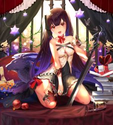 Rule 34 | 1girl, absurdres, animal, bad id, bad pixiv id, book, box, breasts, brown eyes, brown hair, choker, cleavage, cold, dress, full body, gift, gift box, gradient hair, highres, indoors, kneeling, long hair, medium breasts, multicolored hair, original, purple hair, red ribbon, ribbon, ribbon choker, sakupannda06o, short dress, sleeveless, sleeveless dress, solo, star (symbol), striped clothes, striped dress, sword, two side up, very long hair, weapon