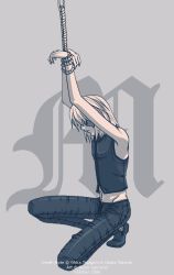Rule 34 | 00s, 1boy, arms up, bdsm, blonde hair, bondage, bound, death note, full body, grey background, male focus, mello (death note), midriff, navel, rope, squatting