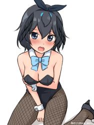 Rule 34 | 1girl, :o, arm under breasts, bare shoulders, between legs, black footwear, black hair, black leotard, blue bow, blue eyes, blush, bow, bowtie, breasts, detached collar, fishnet pantyhose, fishnets, hair between eyes, hairband, hand between legs, head wings, high heels, highres, kemono friends, leotard, looking at viewer, medium breasts, pantyhose, shiraha maru, shoes, short hair, simple background, sitting, solo, superb bird-of-paradise (kemono friends), tearing up, twitter username, wariza, white background, wings, wrist cuffs