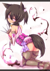 Rule 34 | 1girl, animal ears, bad id, bad pixiv id, bare shoulders, bell, black hair, blush, bow, breasts, chain, collar, elbow gloves, fang, fishnet thighhighs, fishnets, fox ears, fox tail, gloves, hair bobbles, hair ornament, highres, jingle bell, kneeling, kunai, letterboxed, looking back, neck bell, open mouth, original, pink eyes, ponytail, short hair, shugami, skirt, small breasts, solo, tail, thighhighs, weapon