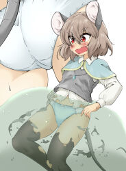 1girl animal_ears ass black_thighhighs blush bow capelet dissolving_clothes feet_out_of_frame grey_hair grey_vest highres jewelry long_sleeves mepikari mouse_ears mouse_tail multiple_views nazrin open_mouth panties red_eyes shirt short_hair slime_(substance) solo tail thighhighs touhou underwear vest white_panties white_shirt