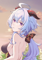 Rule 34 | 1girl, absurdres, ahoge, back, backless outfit, bare arms, blue hair, bow, breasts, chan sang, flower, from side, ganyu (genshin impact), genshin impact, highres, horns, long hair, looking at viewer, looking back, low ponytail, medium breasts, parted lips, purple eyes, qingxin flower, sideboob, sidelocks, sleeveless, solo, upper body, white flower