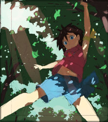 Rule 34 | androgynous, blue shorts, brown hair, drop earrings, earrings, forest, hamachi (galileo0309), jewelry, nature, navel, original, perspective, raifan (fugo), red shirt, shadow, shirt, short hair, shorts, solo, tree, under tree