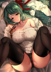 Rule 34 | 1girl, bare shoulders, black panties, black thighhighs, breasts, cameltoe, character request, cleavage, closed mouth, collarbone, commentary request, commission, dated, granblue fantasy, green hair, hair ribbon, herja, holding, holding sword, holding weapon, large breasts, long sleeves, lying, m legs, mafuyu (kanden shoujyo), off-shoulder sweater, off shoulder, on back, panties, ponytail, red ribbon, ribbon, sheath, sheathed, skeb commission, solo, spread legs, sweater, sword, thighhighs, underwear, weapon, white sweater, yellow eyes