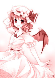 Rule 34 | 1girl, bad id, bad pixiv id, bat wings, female focus, gradient background, hat, monochrome, remilia scarlet, skirt, slp, solo, touhou, white background, wings