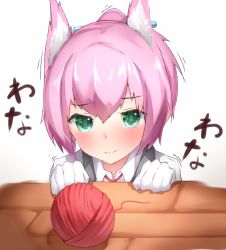 Rule 34 | 10s, 1girl, animal ears, bad id, bad twitter id, black vest, blush, boruhis, cat ears, clenched teeth, closed mouth, collared shirt, eyebrows, gloves, green eyes, hair ornament, kantai collection, kemonomimi mode, motion lines, neck ribbon, pink hair, ponytail, portrait, red ribbon, ribbon, shiranui (kancolle), shirt, simple background, sleeveless, solo, teeth, vest, white background, white gloves, white shirt, yarn, yarn ball