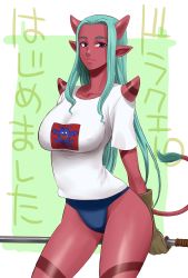 Rule 34 | 1girl, absurdres, akahito yoshiichi, colored skin, dragon quest, dragon quest x, dracky, gloves, green hair, gym uniform, highres, horns, long hair, ogre (dq10), pointy ears, polearm, red eyes, red skin, solo, spikes, tail, tattoo, translation request, weapon