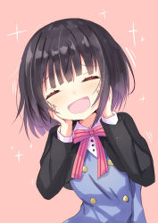 Rule 34 | 1girl, :d, black hair, black jacket, blue dress, blush, bow, brown background, closed eyes, collared shirt, commentary request, cropped jacket, dress, facing viewer, hands on own face, hands up, highres, hizaka, jacket, kin-iro mosaic, long sleeves, oomiya shinobu, open clothes, open jacket, open mouth, pink bow, shirt, simple background, smile, solo, striped, striped bow, white shirt