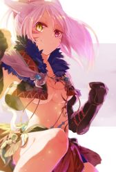 Rule 34 | 10s, 1girl, animal ears, backlighting, bow, breast tattoo, breasts, cat ears, cleavage, clenched hands, commentary, crop top, facial mark, fighting stance, final fantasy, final fantasy xiv, gloves, hair bow, heterochromia, jumping, light particles, lili mdoki, long hair, looking at viewer, midriff, miqo&#039;te, navel, pink eyes, pink hair, ponytail, simple background, smile, solo, tattoo, underboob, vambraces, warrior of light (ff14), yellow eyes