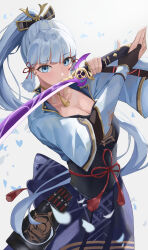 Rule 34 | 1girl, absurdres, armor, ayaka (genshin impact), blue eyes, blue hair, blue hakama, blue petals, blunt bangs, breastplate, breasts, cleavage, closed mouth, commentary, cowboy shot, falling petals, genshin impact, hair ribbon, hakama, higashiwun izumi, highres, holding, holding sword, holding weapon, japanese clothes, light blue hair, long hair, looking at viewer, medium breasts, mistsplitter reforged (genshin impact), petals, ponytail, red ribbon, ribbon, simple background, sword, tress ribbon, weapon, white background