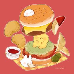 Rule 34 | 3others, blush stickers, burger, character name, cheese, chicken nuggets, creature, english text, food, food focus, highres, ketchup, kimipiyo (tenmiyakiyo), lettuce, multiple others, napkin, on food, original, oversized food, oversized object, plaid, potato wedges, rabbit, red background, sesame seeds, sitting, tenmiyakiyo, tsubumaru (tenmiyakiyo), usachii (tenmiyakiyo)
