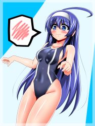 Rule 34 | 1girl, ahoge, black one-piece swimsuit, blue background, blue eyes, blue hair, breasts, commentary request, competition swimsuit, cowboy shot, hairband, highleg, highleg swimsuit, huge ahoge, long hair, one-piece swimsuit, orie ballardiae harada, small breasts, solo, spoken blush, standing, swimsuit, two-tone background, under night in-birth, white background, white hairband, yaeba