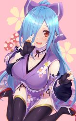 Rule 34 | .live, black thighhighs, blue hair, breasts, cleavage, collarbone, commentary request, detached sleeves, emanon123, fingerless gloves, gloves, hair over one eye, highres, japanese clothes, kneeling, large breasts, long hair, open mouth, pink background, red eyes, solo, thighhighs, virtual youtuber, yamato iori