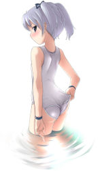Rule 34 | 1girl, adjusting clothes, adjusting swimsuit, ass, blush, buriki, from behind, one-piece swimsuit, original, palms, school swimsuit, short hair, short twintails, silver hair, solo, swimsuit, twintails, wading, water, wedgie, white one-piece swimsuit, white school swimsuit